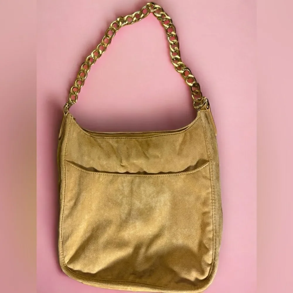 AH DORNED women’s tan brown suede shoulder bag and gold link chain strap